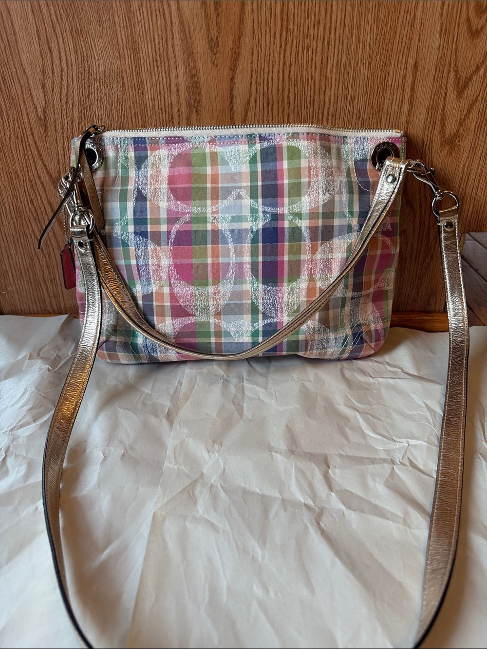 3 piece Coach Metallic Trim Plaid Crossbody Set in Pastel Multicolor - Picture 6 of 14